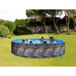 Piscine hors sol Acier TOI Piedra Gris ronde Décoration Pierre 4 x 0.90M